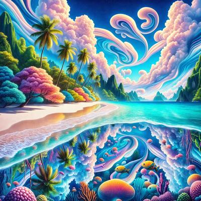 The primary subject of the image is a vibrant and colorful underwater scene featuring a variety of fish and other marine life. The setting is a tropical beach with palm trees and a blue ocean. The visual style is a digital art or illustration, creating a lively and engaging atmosphere. The dominant colors are blue, green, and pink, which contribute to the overall mood of the image, evoking a sense of relaxation and enjoyment.